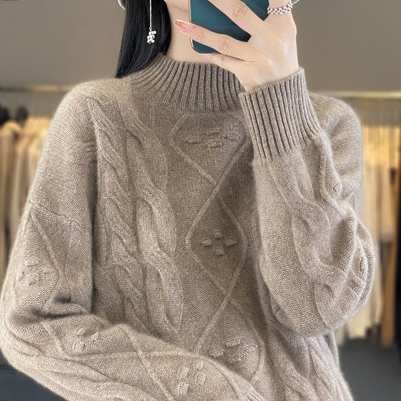复古藏蓝色羊绒衫宽松保暖加厚圆领毛衣通勤女上衣秋冬针织羊毛衫