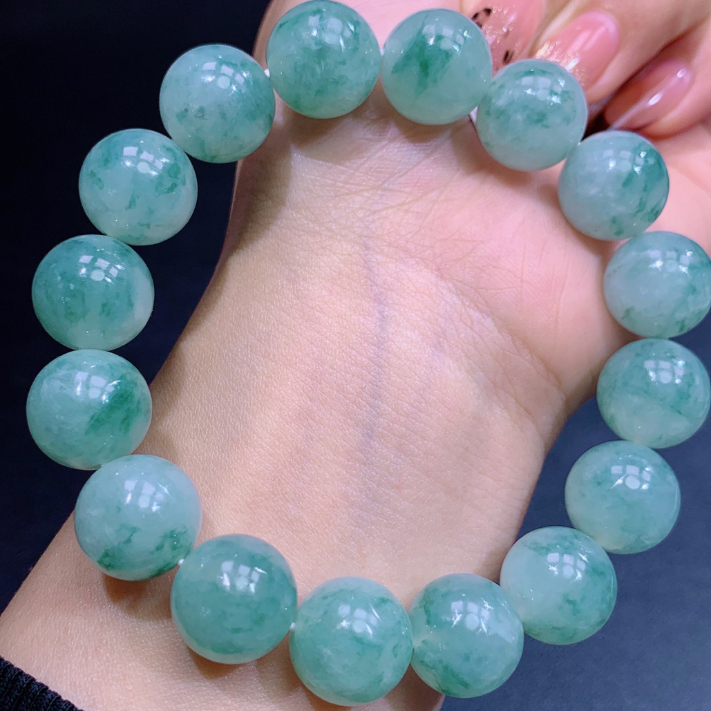 天然缅甸A货翡翠玉石珠宝飘花大卡圆珠手串j尺寸13.8mm大气配证书