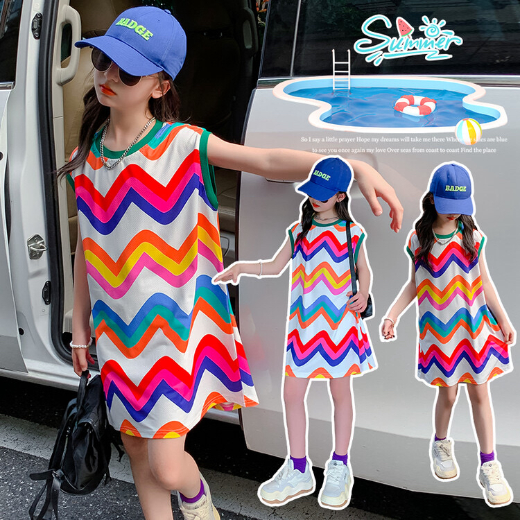夏季女大童彩虹背心裙2025新款超软中长款女童波浪韩版吊带沙滩裙