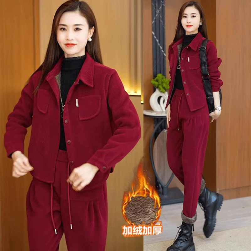 灯芯绒休闲套装女冬季新款时尚显瘦加绒加厚卫衣卫裤运动服两件套