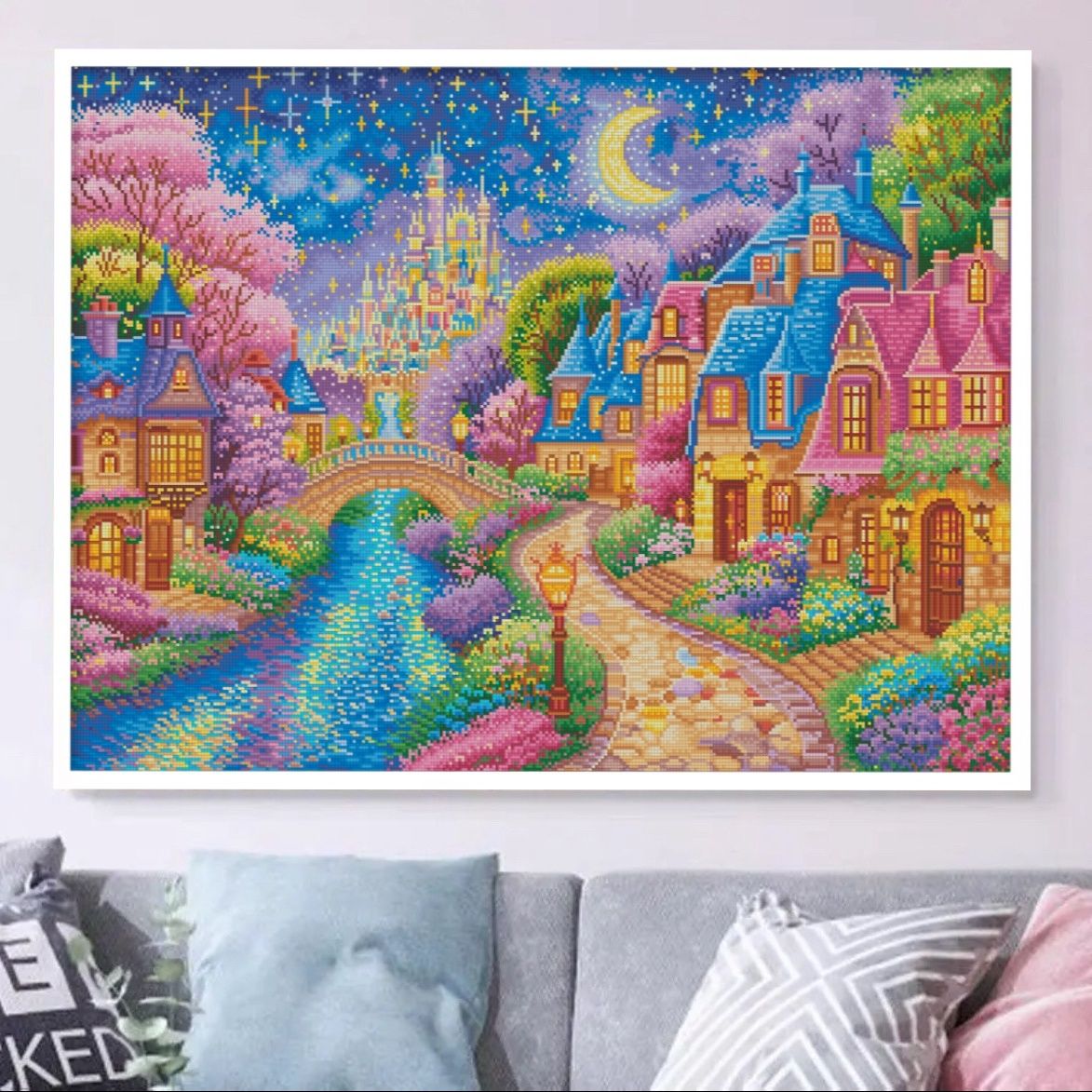 97大纯手工绣好十字绣成品029月夜星梦玄关挂画