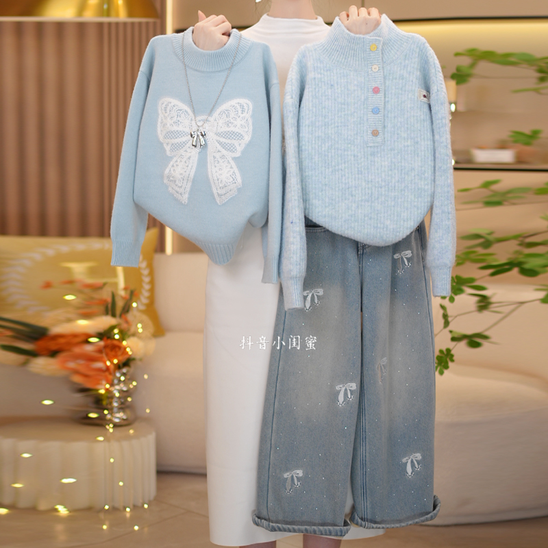 【闺蜜家】女童秋冬季2025新款时尚打底毛衣+加绒牛仔裤套装-9109