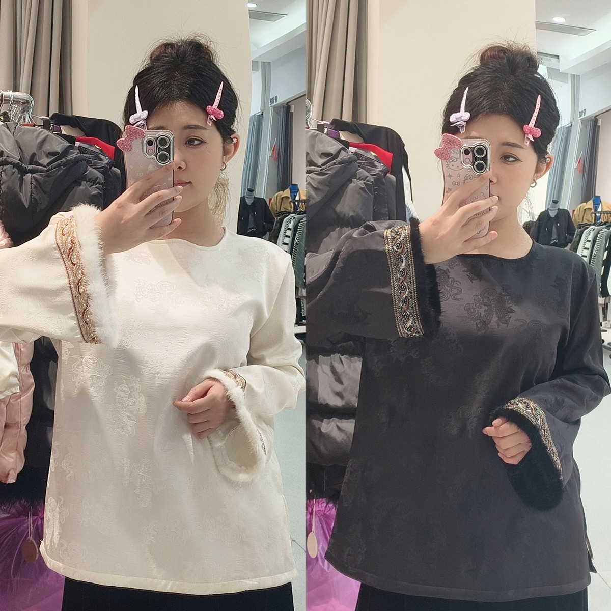 上新价～深圳25179加绒打底衫新中式贡缎提花貂毛袖大码女装小衫