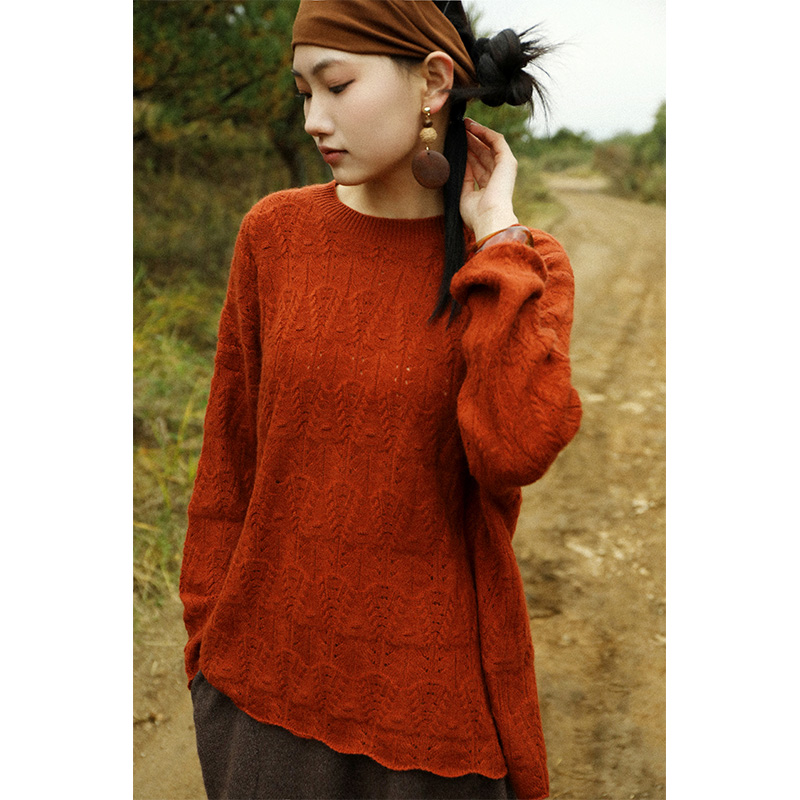 【橙风】云栖橪100%山羊绒绞花毛衣女 软糯宽松圆领针织套头毛衣
