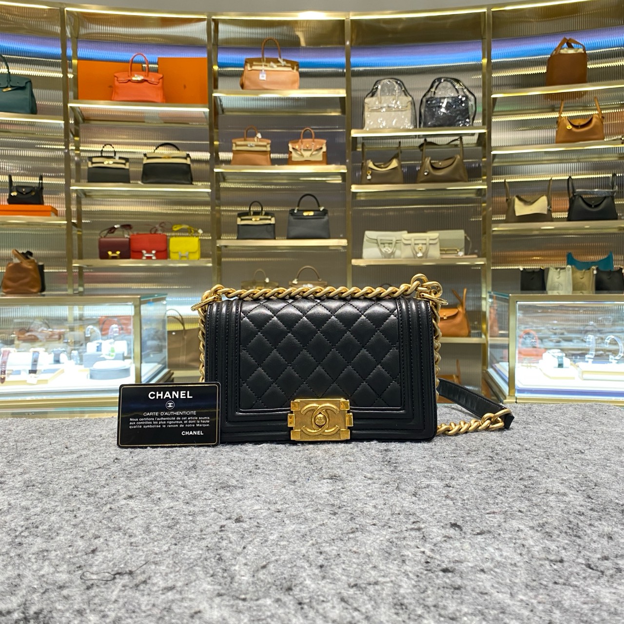 99新 Chanel/香奈儿 香奈儿小号Leboy 黑金羊皮格纹 单肩斜挎包