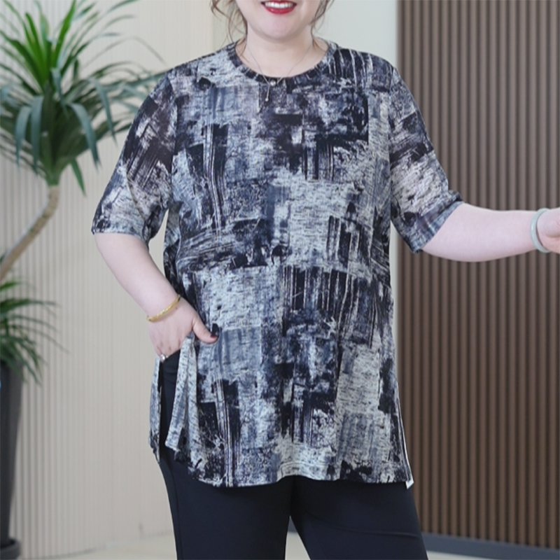 鱼鳞网纱衫万向弹力网T恤大码舒适不扎痒百搭凉快色织水墨画上衣