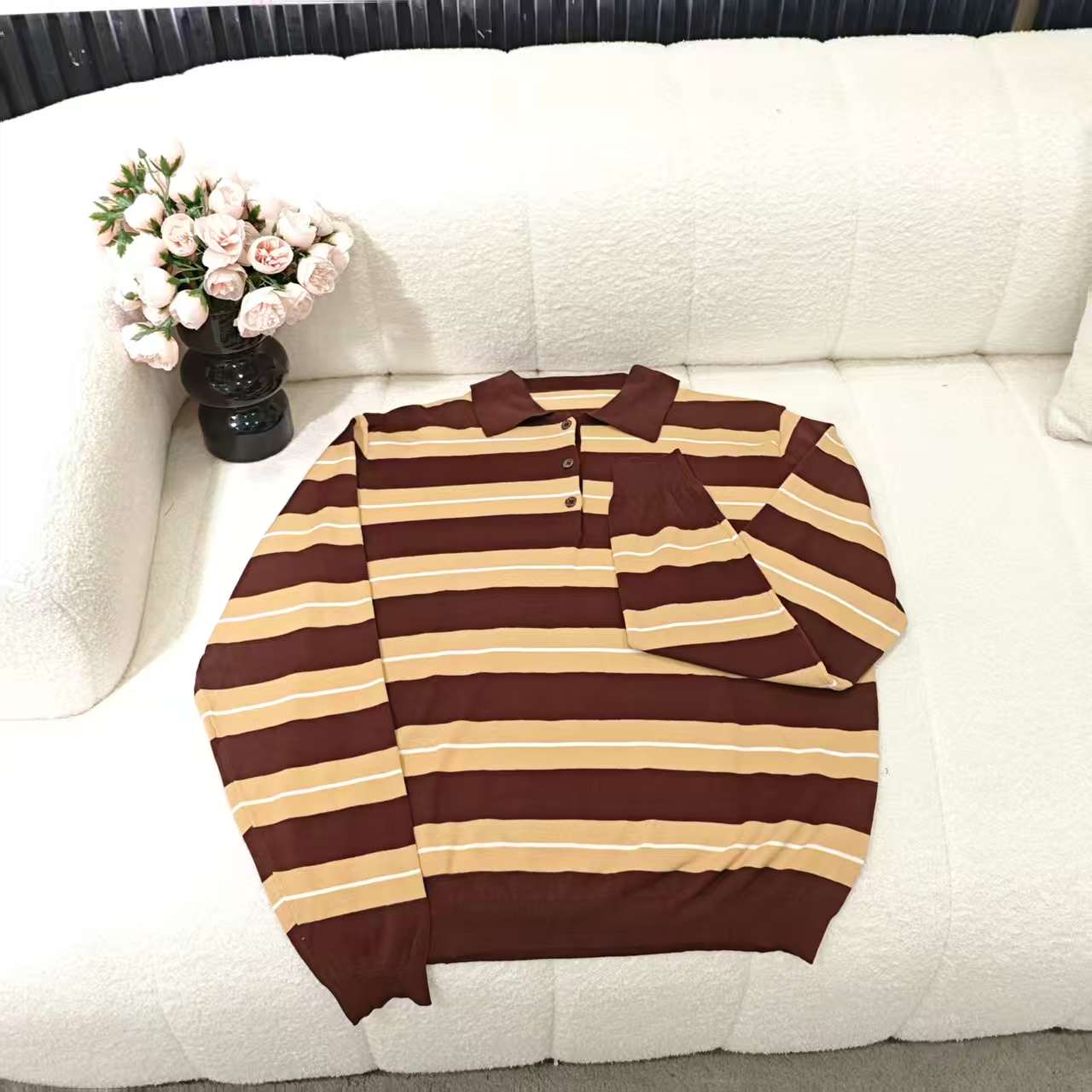（非市场版）5804复古条纹毛针织衫棉质翻领撞色条纹上衣秋季