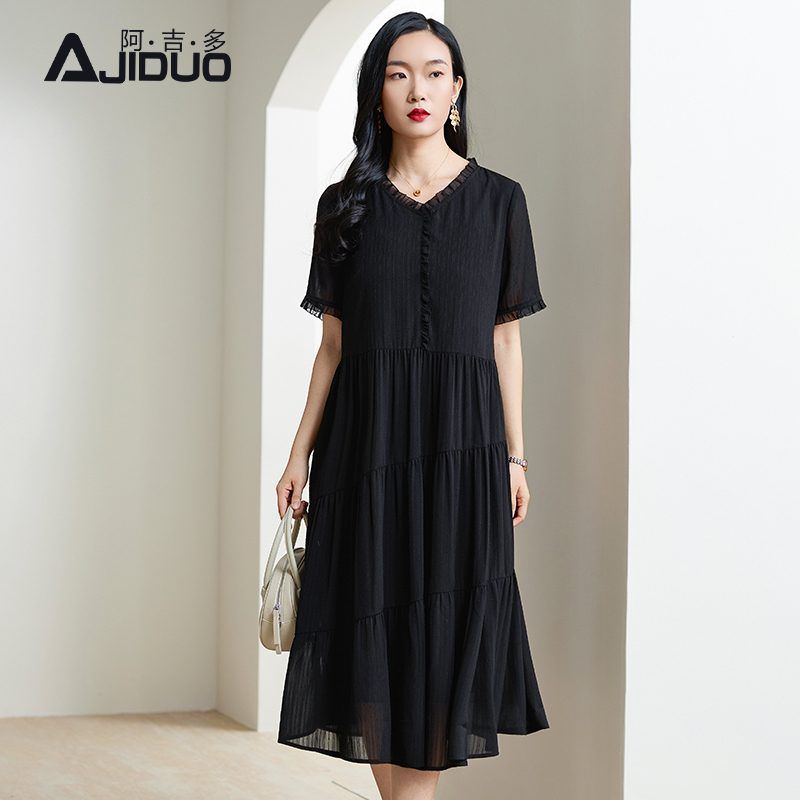 阿吉多短袖连衣裙女今年夏季新款木耳边拼接蛋糕裙法式高级长裙子