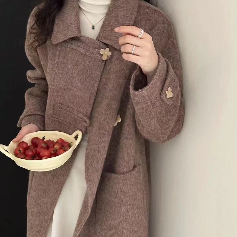 羊绒花朵扣大衣中长款韩版时尚冬季双面呢