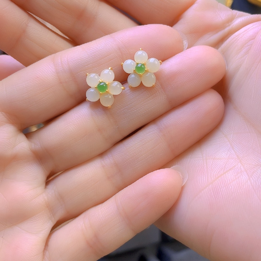 和田玉耳饰银S925镀金镶嵌