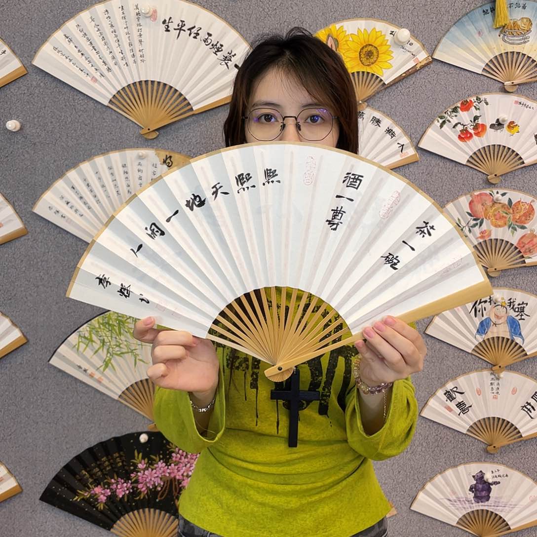 书法8寸玉竹-纯手绘-文玩扇骨（默认粘好）