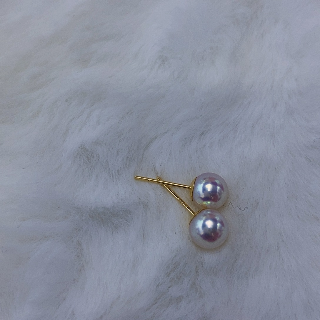 海水珍珠海水akoya耳钉6-7mm18K金镶嵌