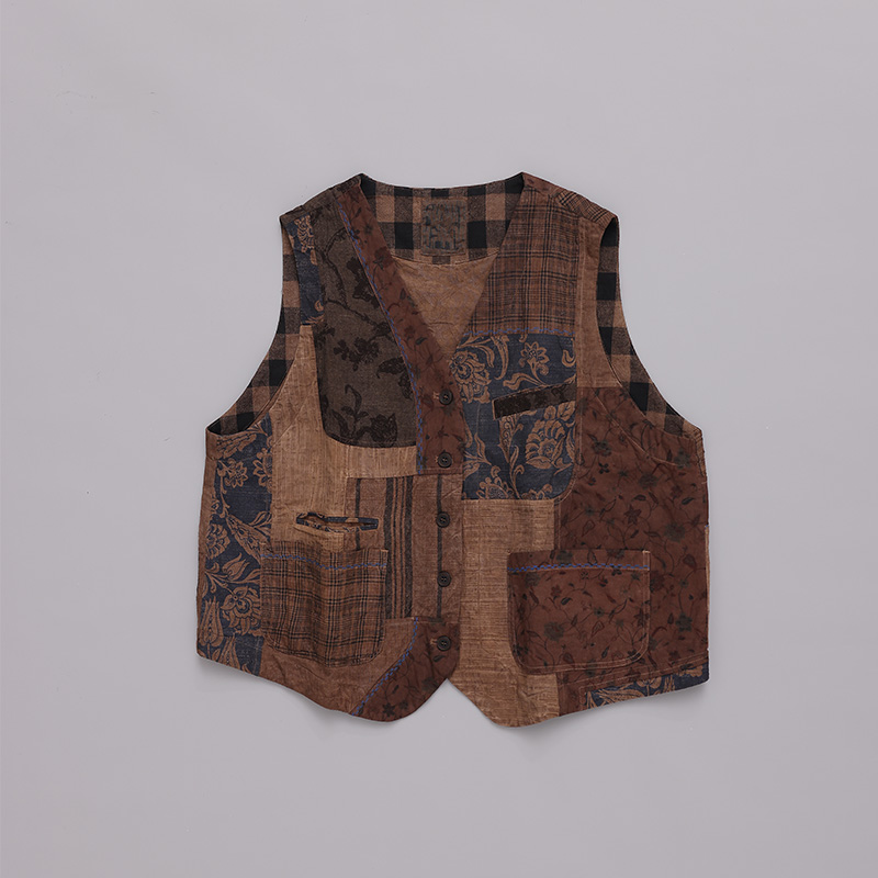 慢慢变蓝原创 荼 植物染肌理亚麻拼接马甲文艺百搭马夹板蓝根染