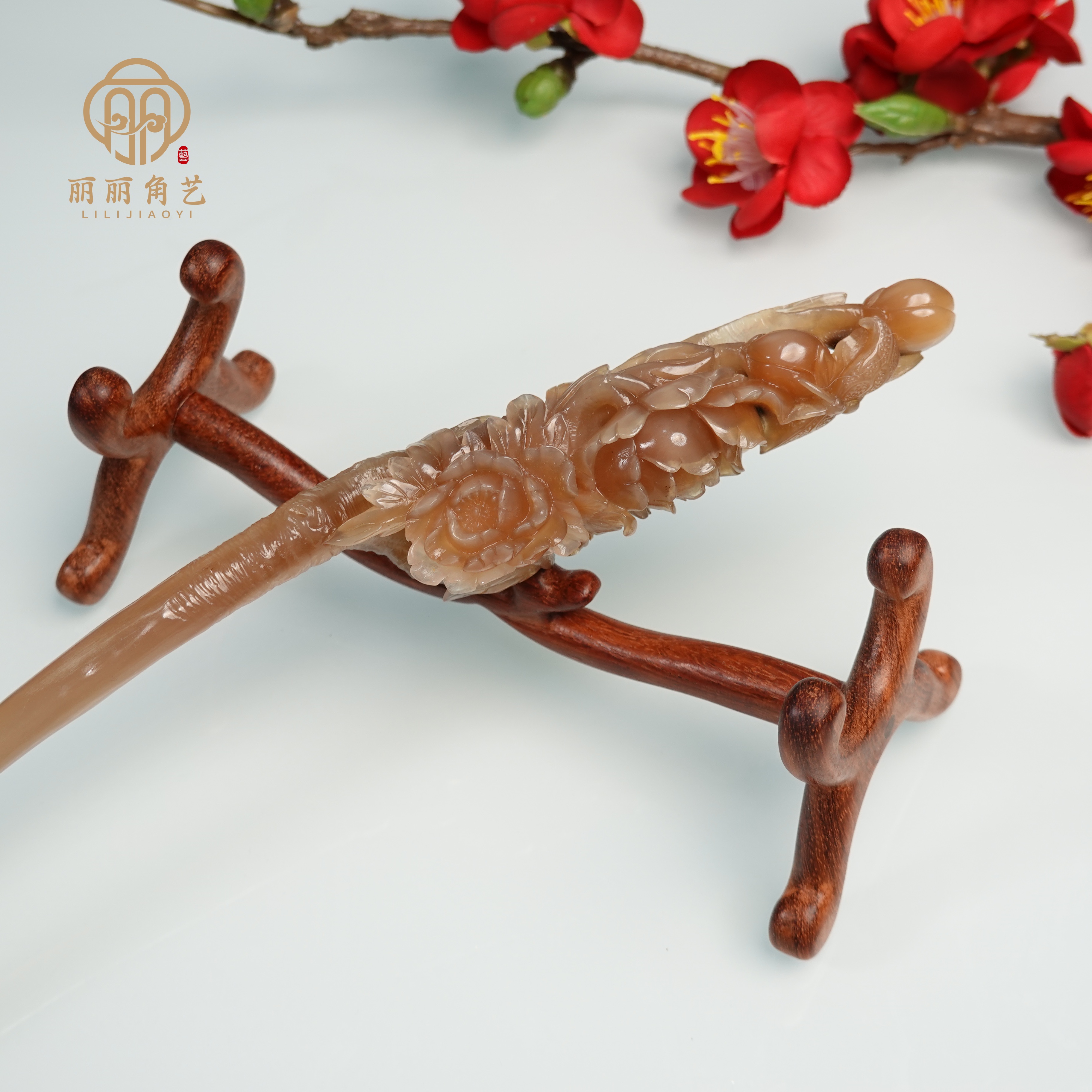 高品质天然白水牛角材质手工精雕发簪