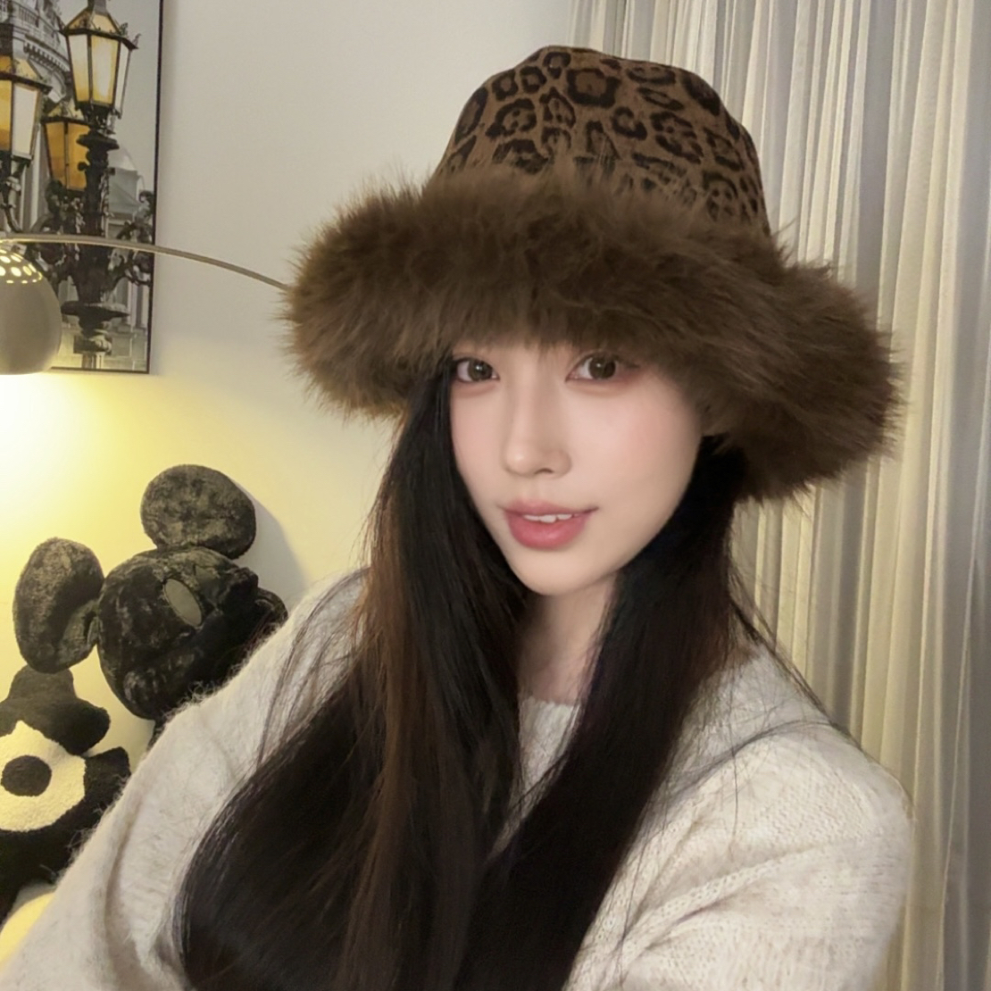 2025渔夫帽冬季女帽子秋冬咖色渔夫帽水桶帽盆帽休闲百搭豹纹