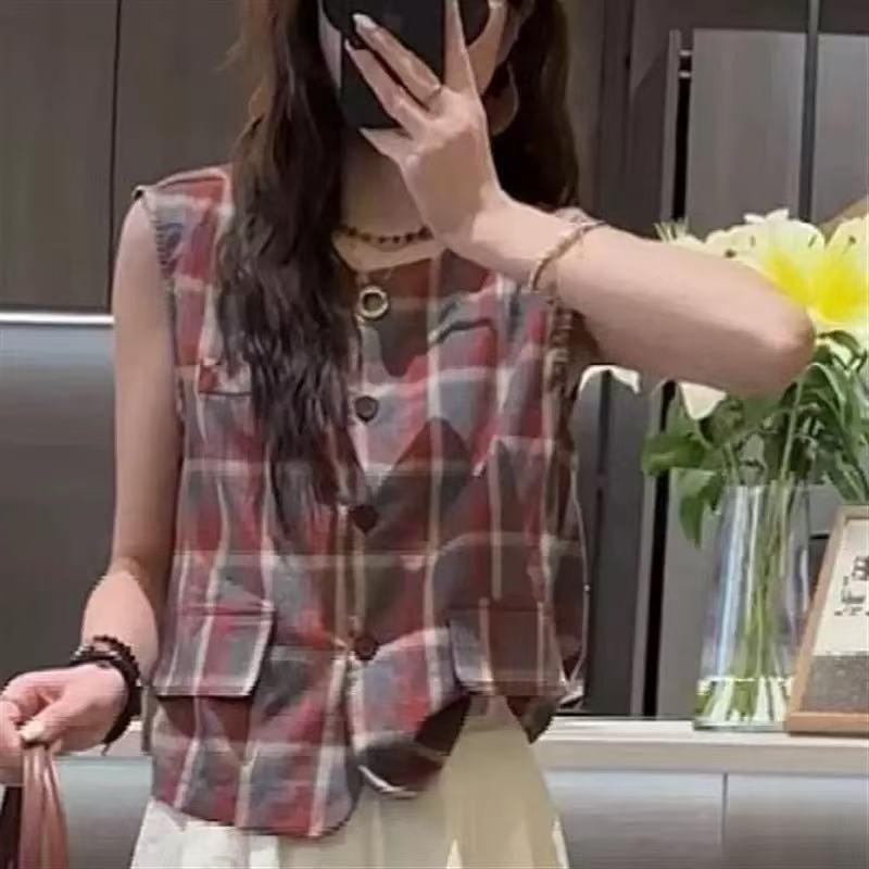 韩系复古撞色格子坎肩衬衫