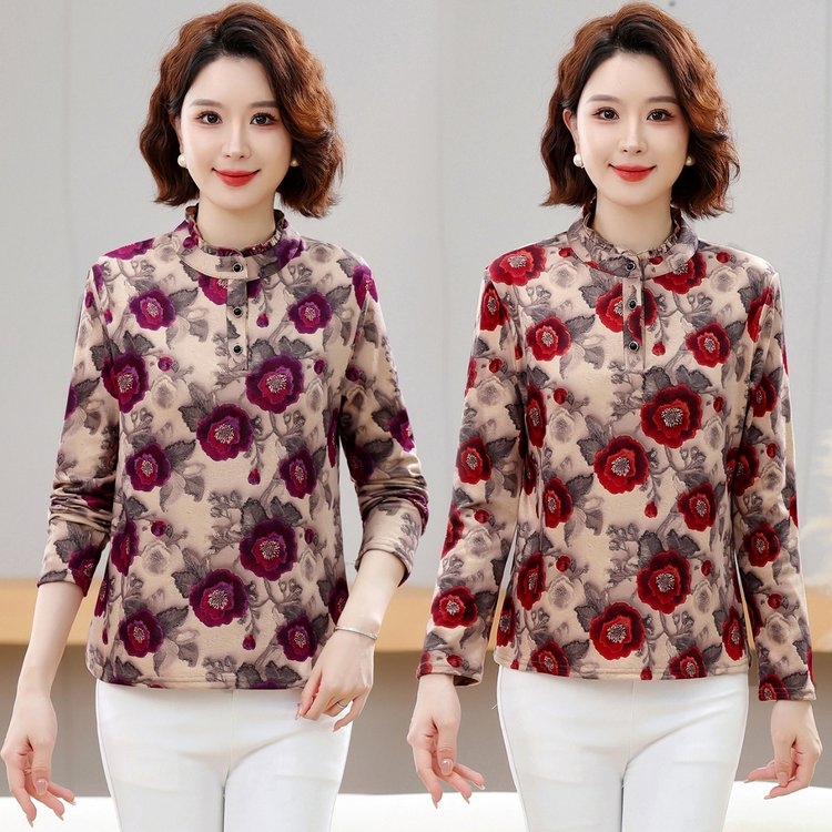 2025秋冬新款木耳边印花长袖妈妈洋气遮肉显瘦长袖打底T恤小衫