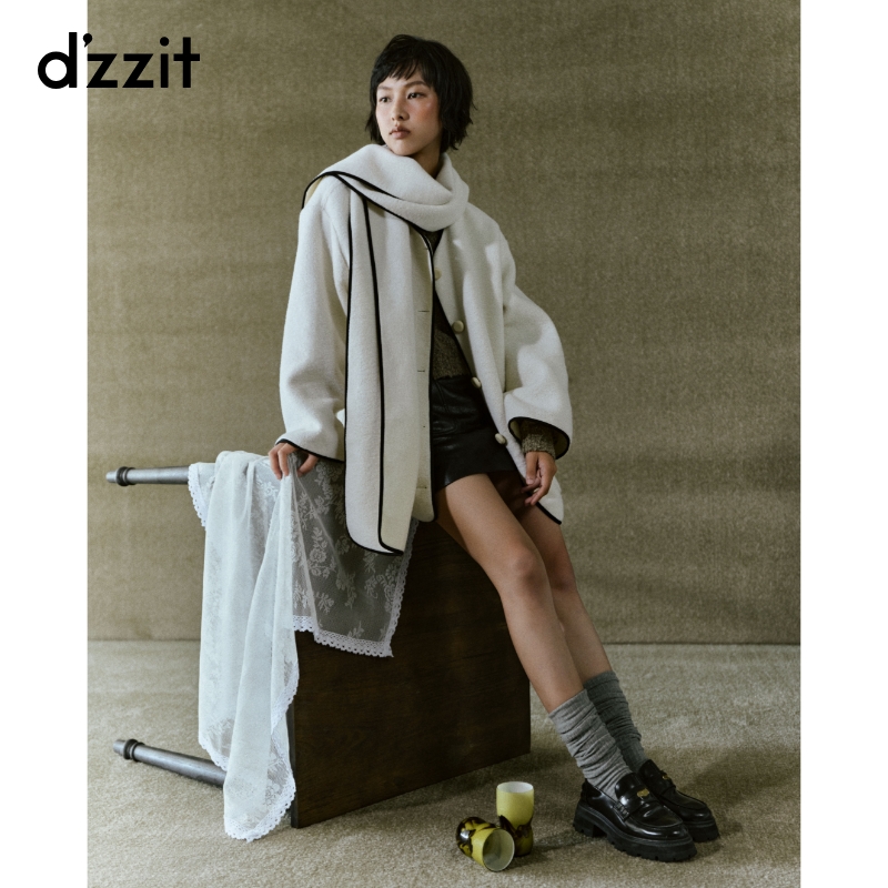 dzzit地素毛呢外套冬季撞色包边宽松大衣女附同款围巾3I4G109