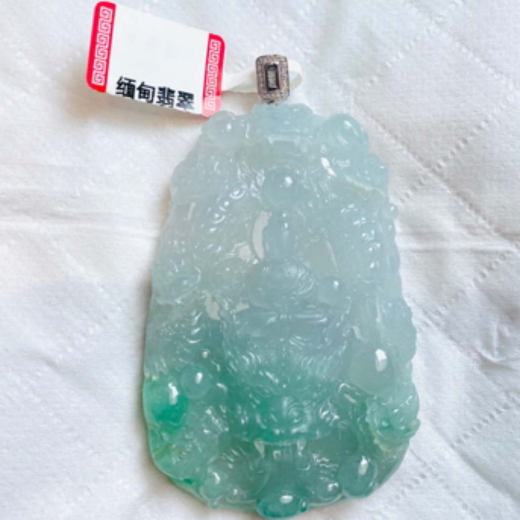 老万福珠宝 天然缅甸A货翡翠冰种九龙观音吊坠