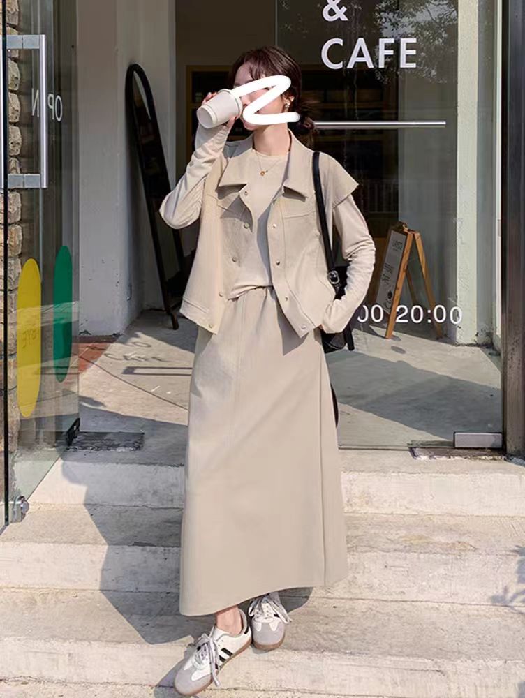 新款高级感工装马甲打底衫半身裙三件套女2025秋季氛围感时尚套装