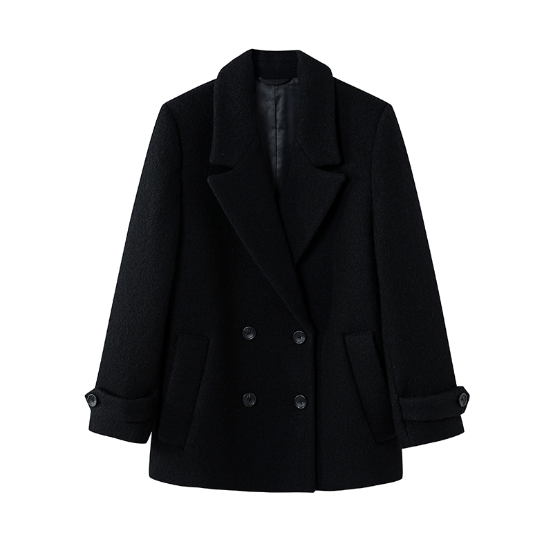 秋冬新款气质黑色翻驳领宽松双排扣中长款西装外套上衣C751