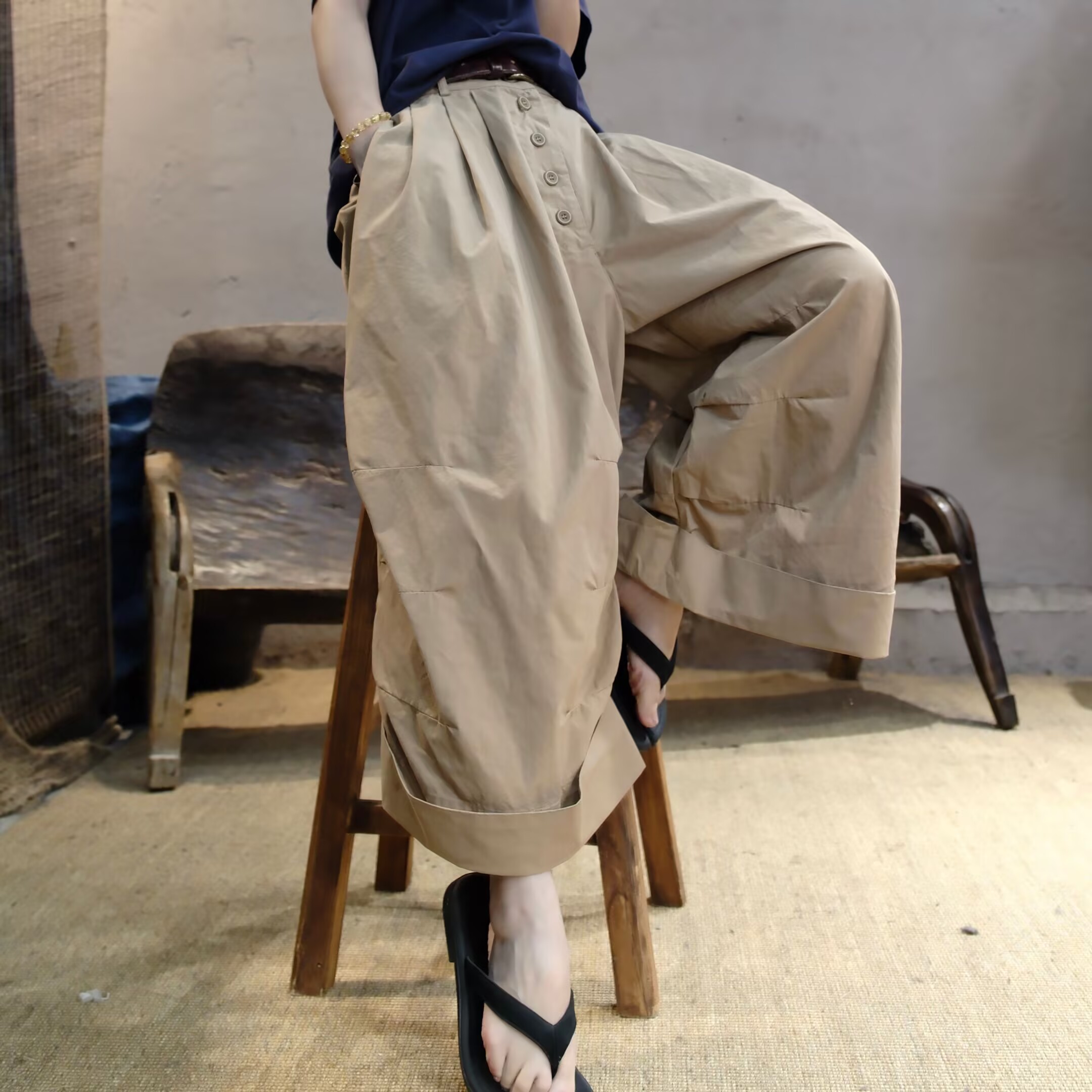 250411忆古朴拙纯棉不规则阔腿裤翻边显瘦百搭气球裤宽松八分裤薄