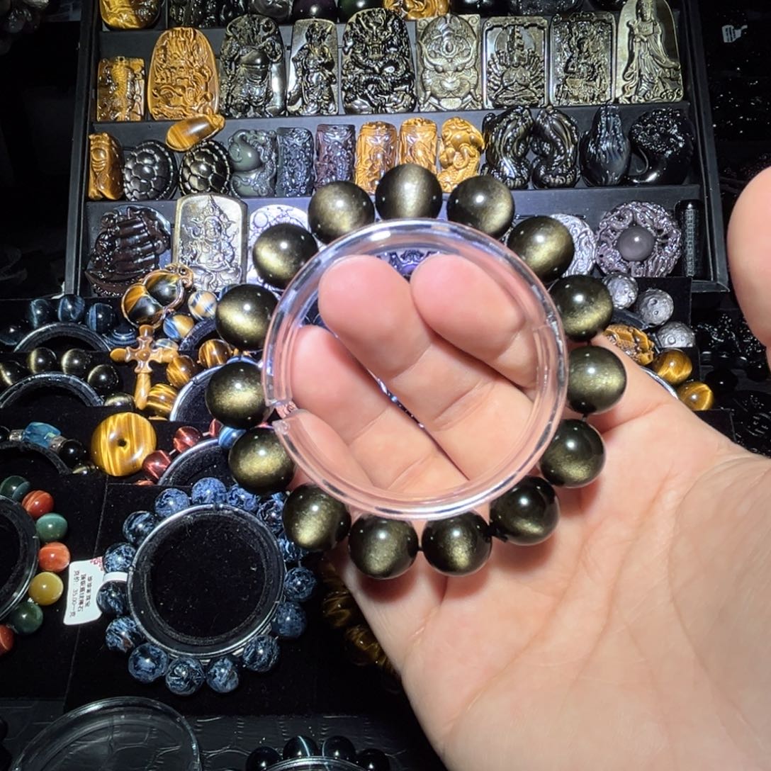 未镶嵌黑曜岩手链随****矩天然金曜石双面圆眼14mm