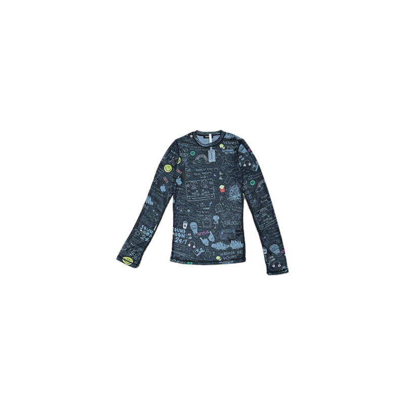 南油小众设计师新品薯条图案网纱长袖T恤