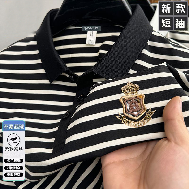 战马保罗【冰丝100%】男士上衣短袖条纹棉质POLO衫亲休闲夏款