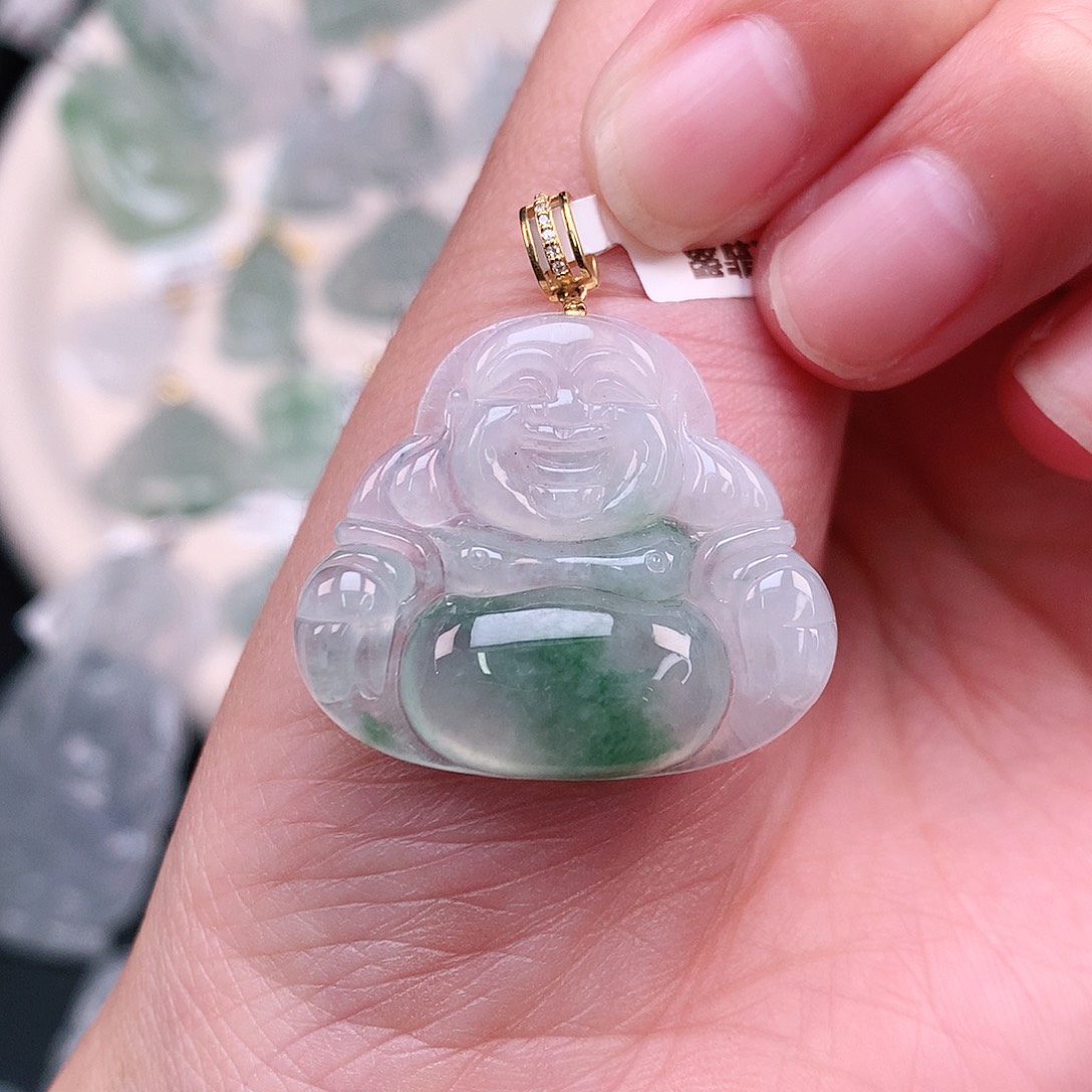 翡翠18K金镶嵌颈饰飘花佛25、29、5.7