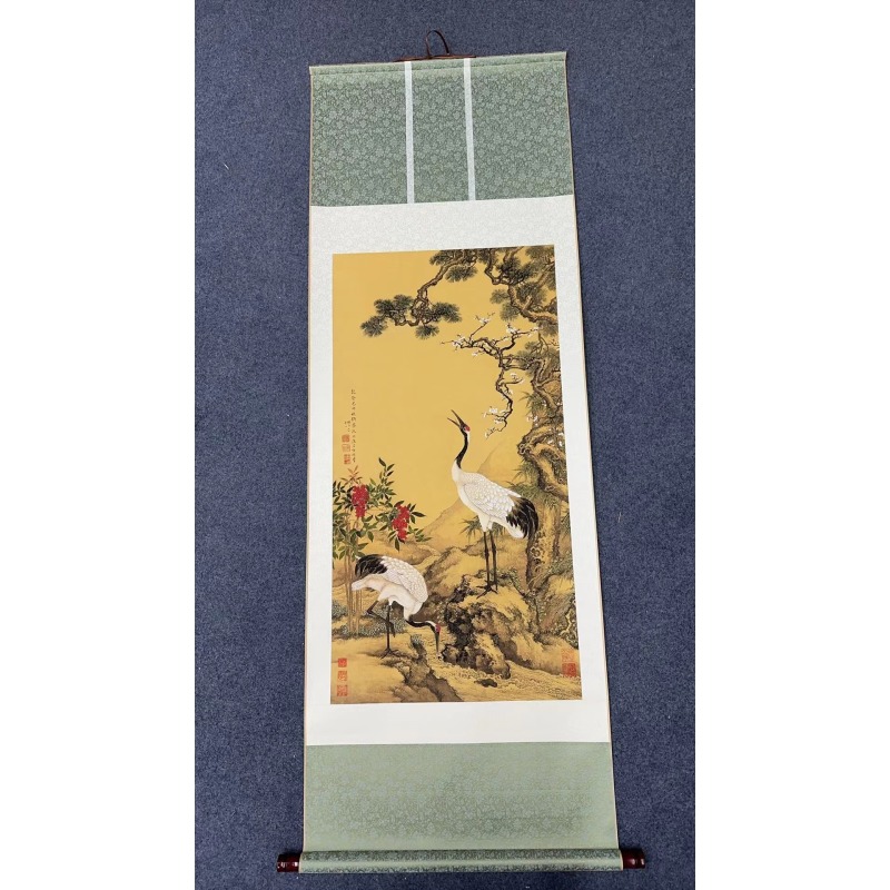 175*60精装·清代·沈铨 《松梅双鹤》茶室高精复原手工装裱