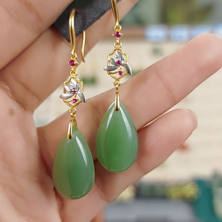 和田玉耳饰银S925镀金镶嵌耳饰