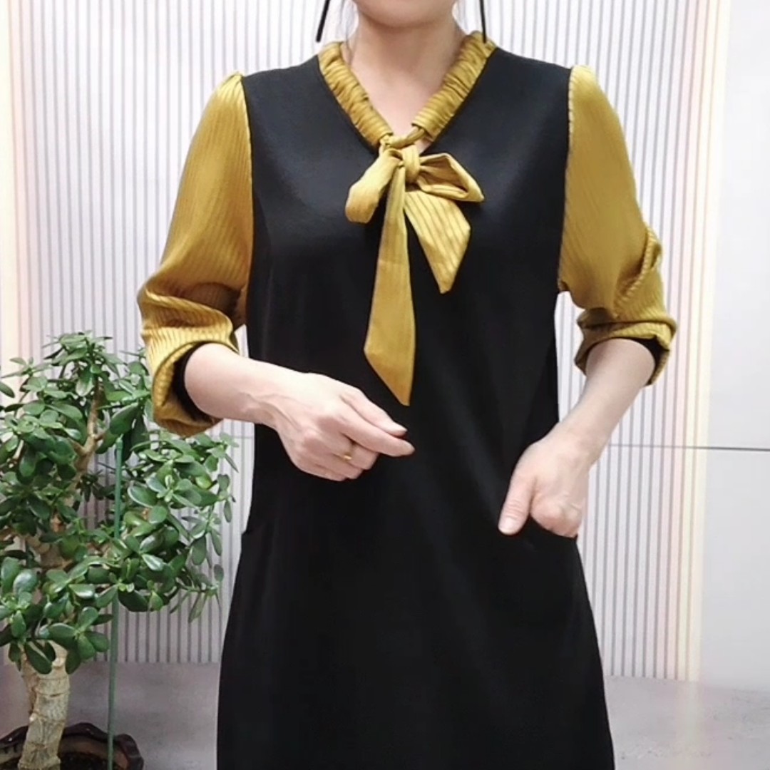 时尚宽松飘带拼接连衣裙中长款遮肚显瘦减龄轻熟风打底裙