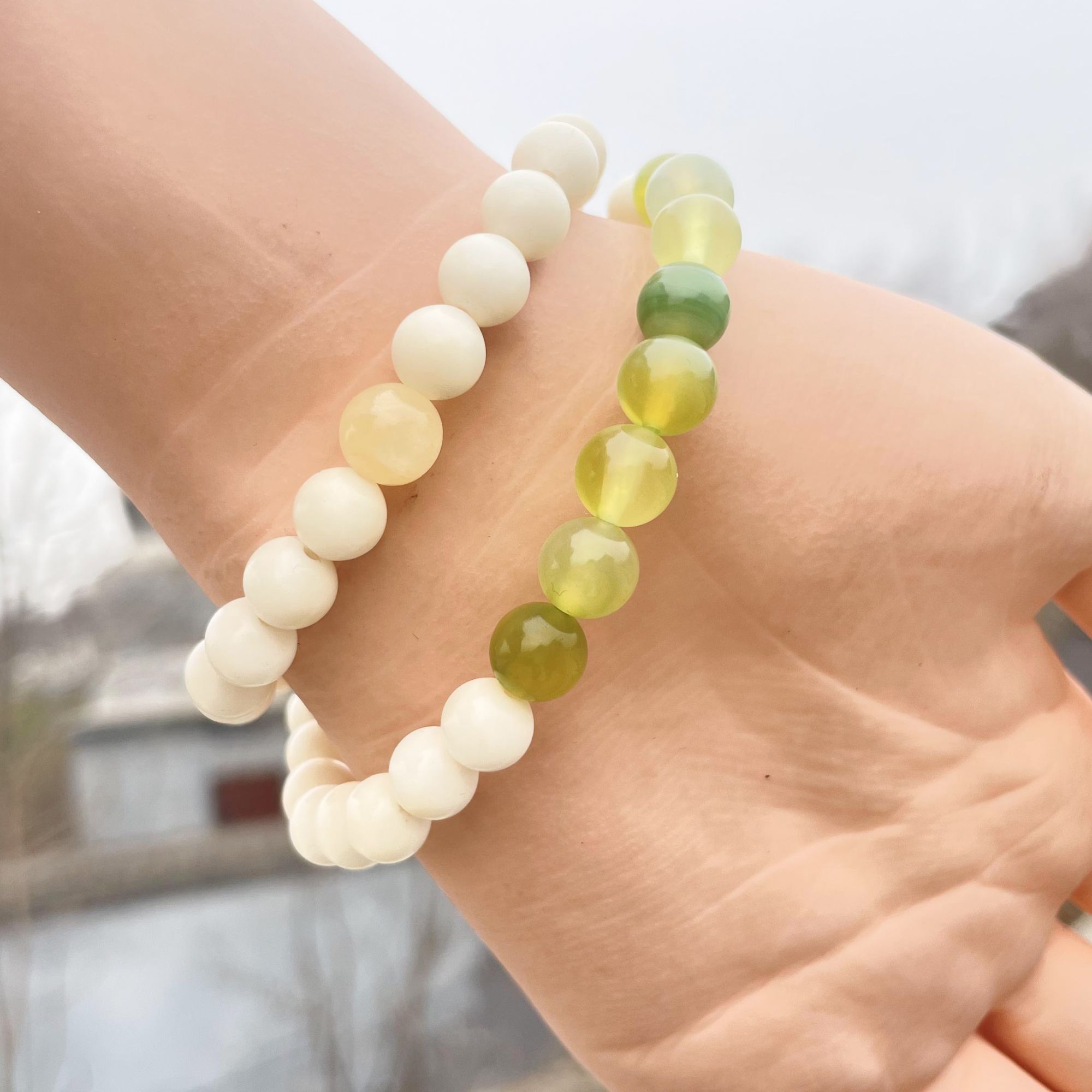白玉菩提手串搭配葡萄石双圈手串无漂白原果原色