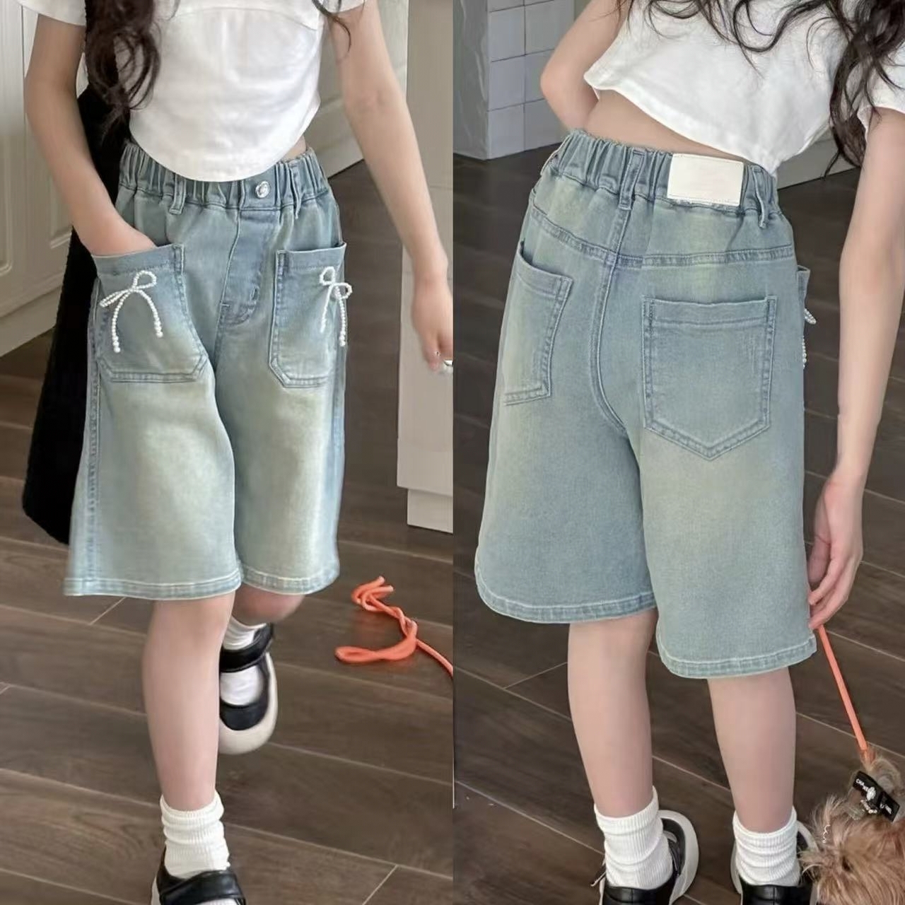 【清货】2025夏韩版珠珠蝴蝶结薄款五分牛仔裤 D529 529 M