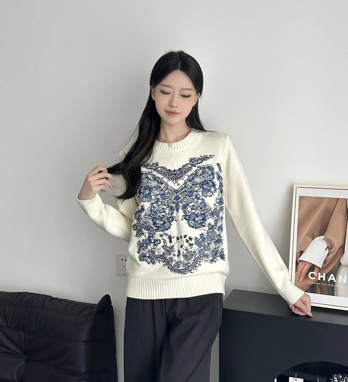 99新 DIOR/迪奥 yy673 山羊绒 24ss蝴蝶刺绣字母logo针织毛衣40码