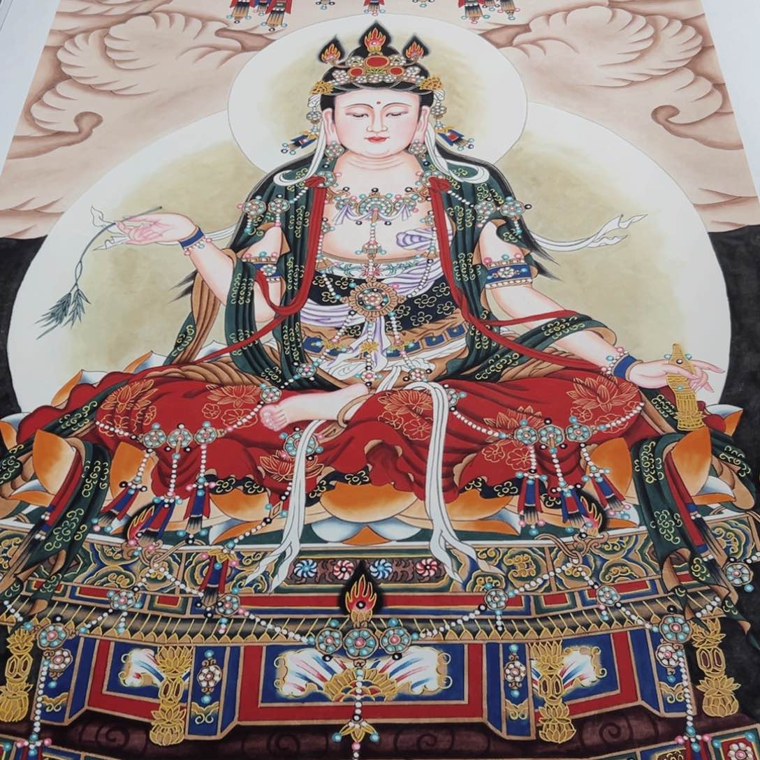 国画H****师李老师重彩坐像观音菩萨，走程序