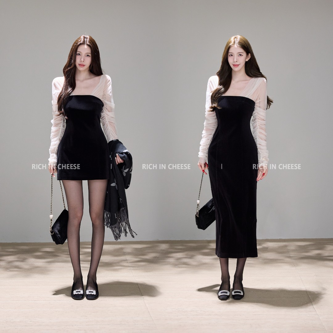 舒胡蕾 年度黑天鹅 秋冬抽褶网纱丝绒拼接收腰包臀A字摆连衣裙