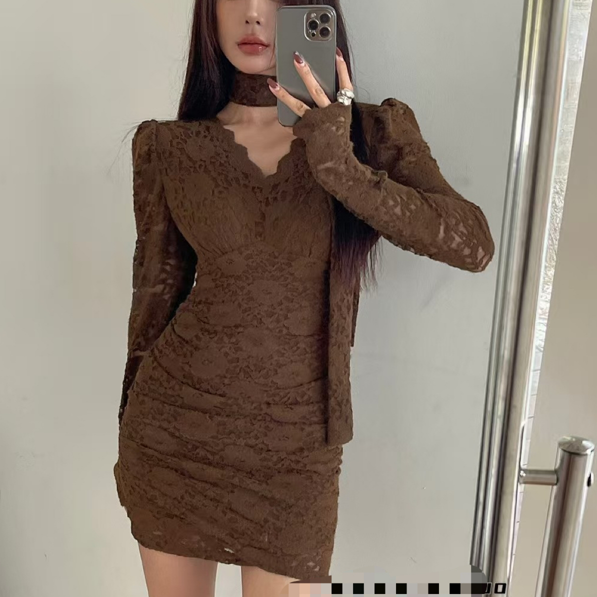 89669#新品秋冬修身收腰包臀性感蕾丝连衣裙(加绒)
