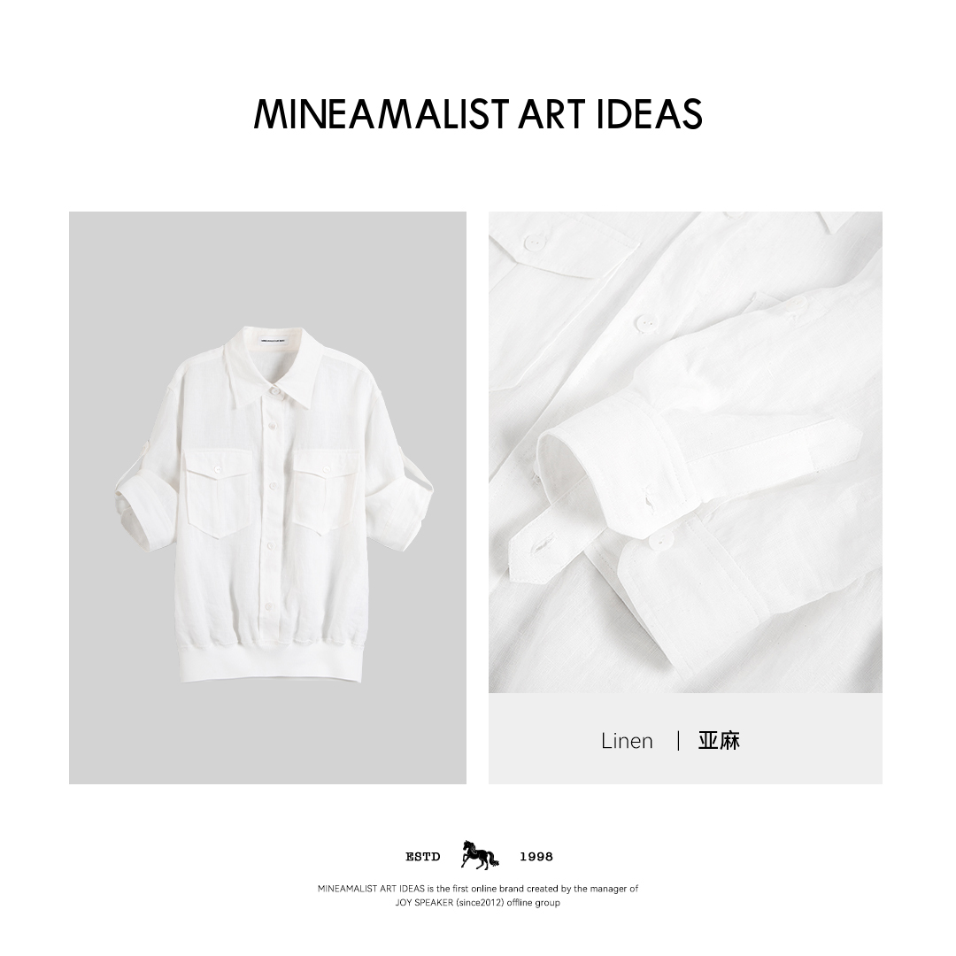 MINEAMALIST ART IDEAS翻领螺纹下摆棉麻短袖衬衫3727M
