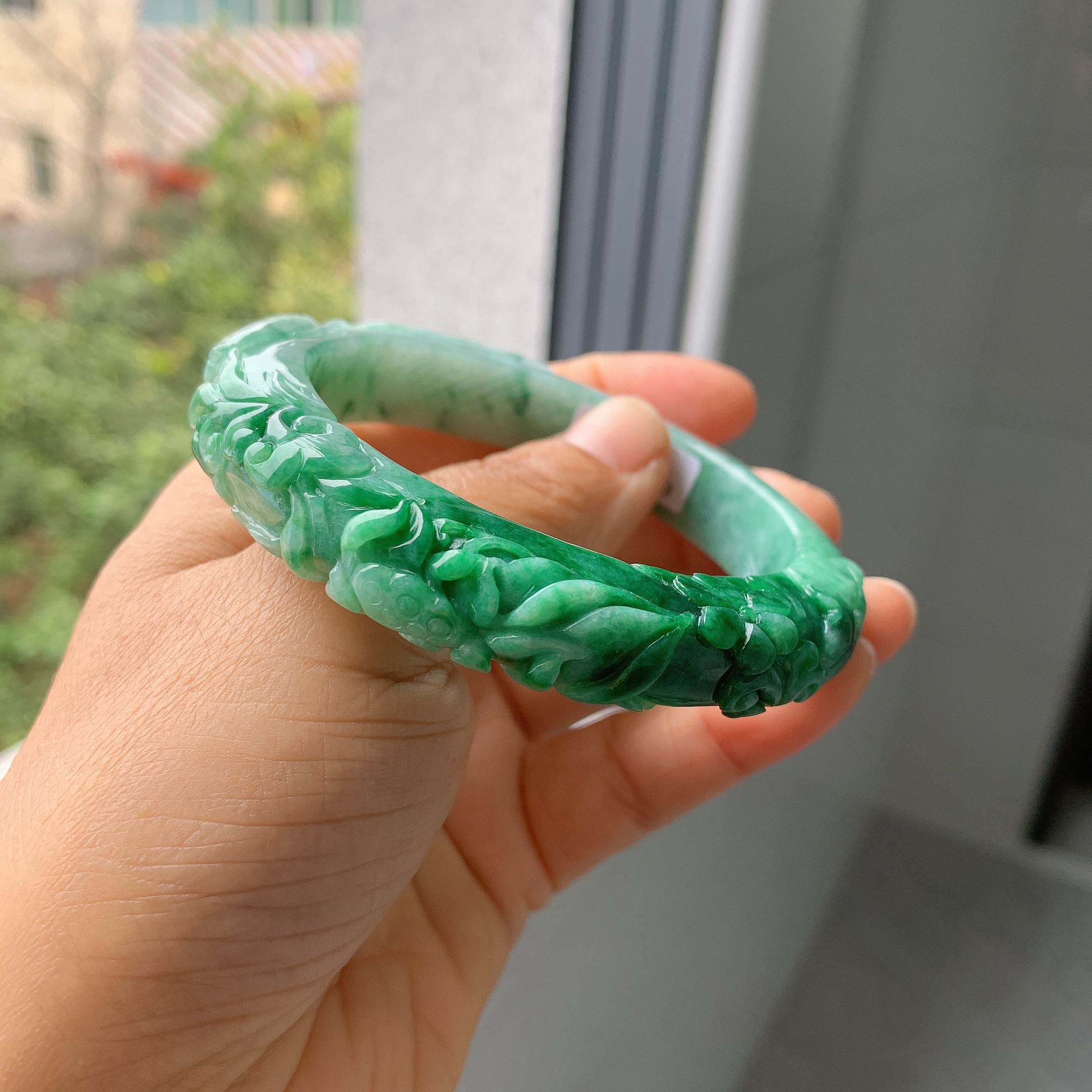 翡翠A货绿色荷花鱼手镯59.7-12.4-11.1气质时尚百搭