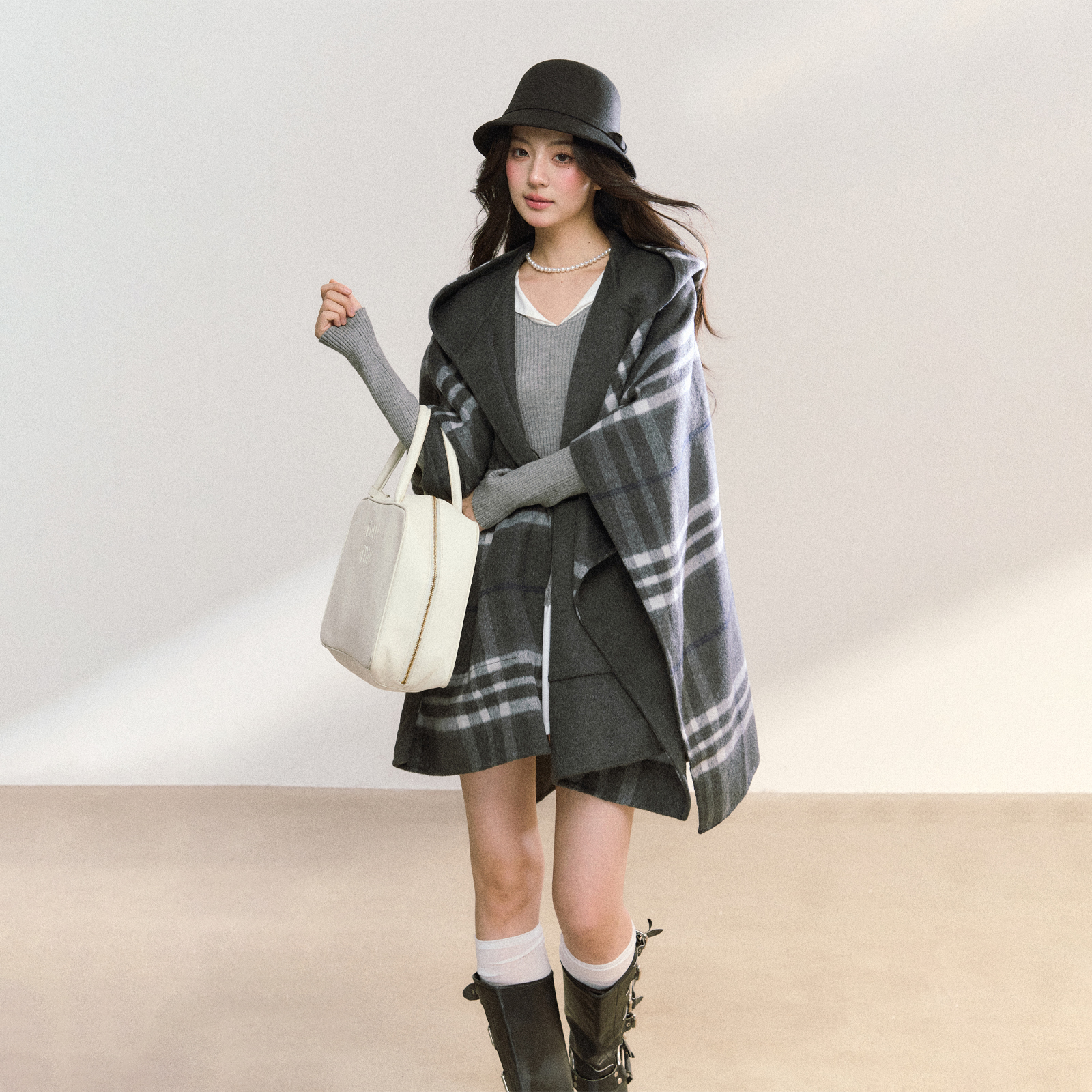 FPMZ灰色大格子羊毛双面穿呢子斗篷外套连帽披风秋冬老钱宽松大衣