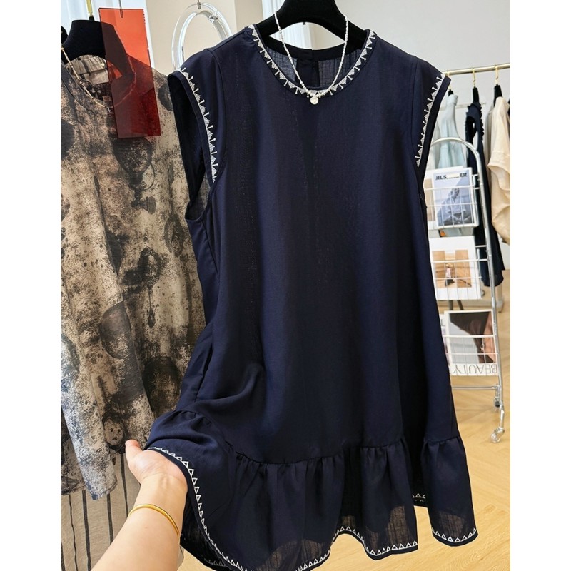 P0299复古刺绣小飞袖坎肩荷叶边裙女夏季天丝亚麻中长款连衣裙子