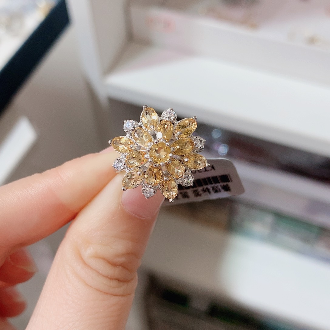 黄晶戒指银S925镶嵌戒指超美