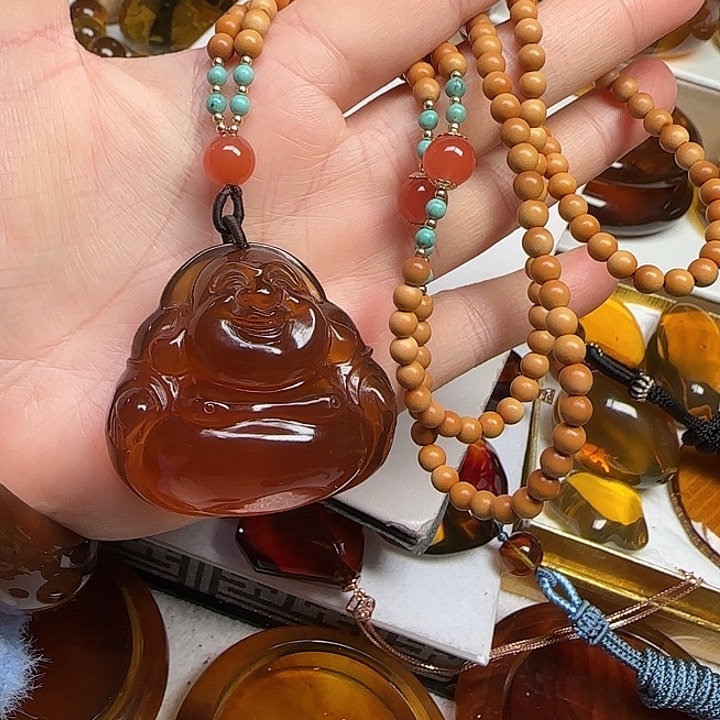 琥珀颈饰未镶嵌天然缅甸琥珀笑佛大肚佛吊坠26克