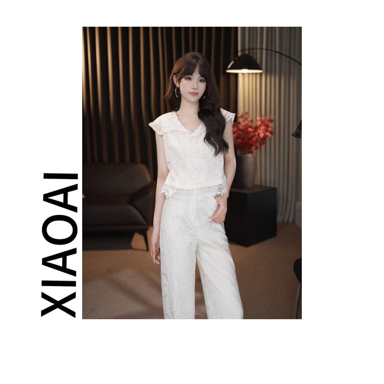气质无袖背心蕾丝镂空女夏季新款宽松显瘦马甲+直筒裤套装88753