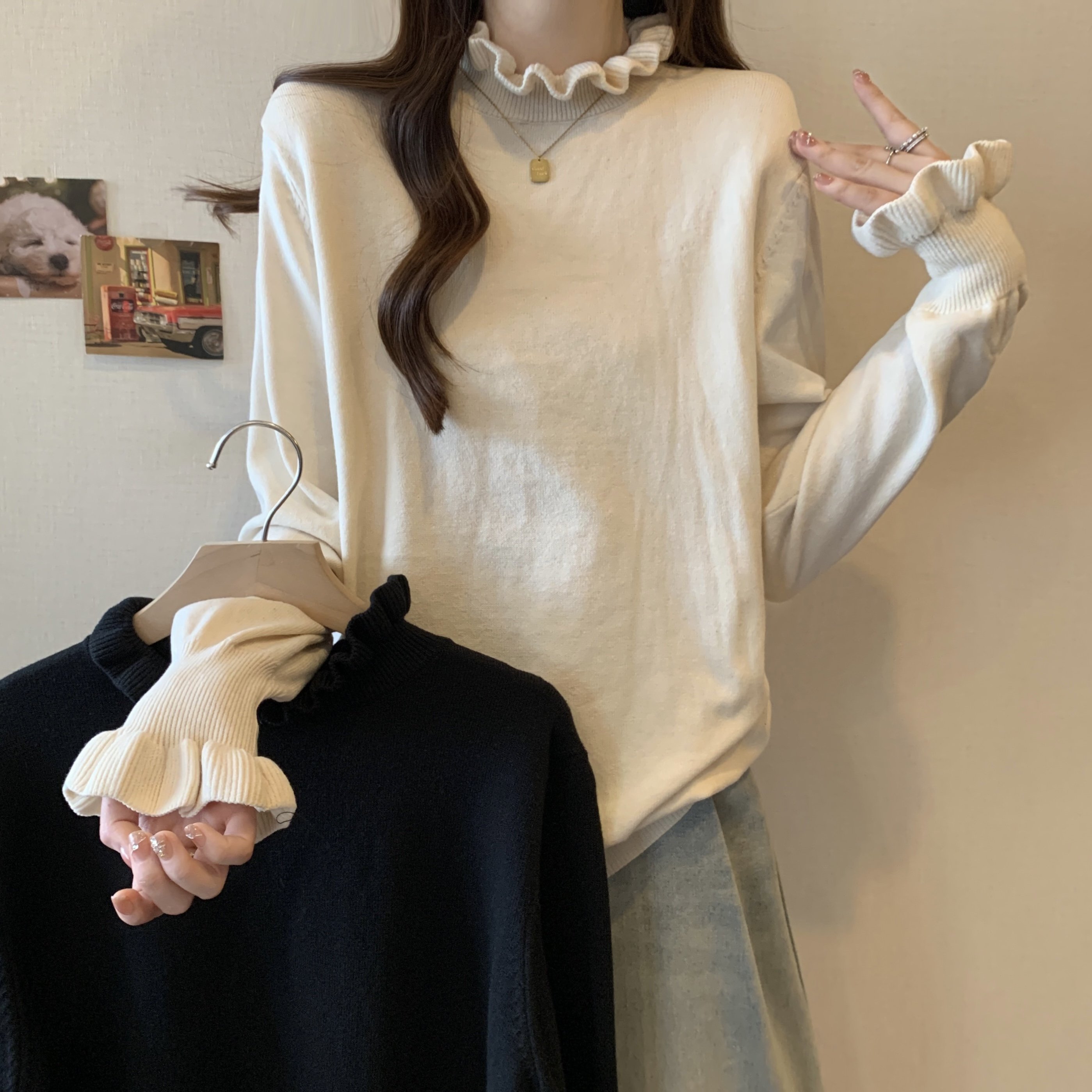 0736 大码女装秋冬新款半高领针织打底衫胖mm设计感纯色毛衣 