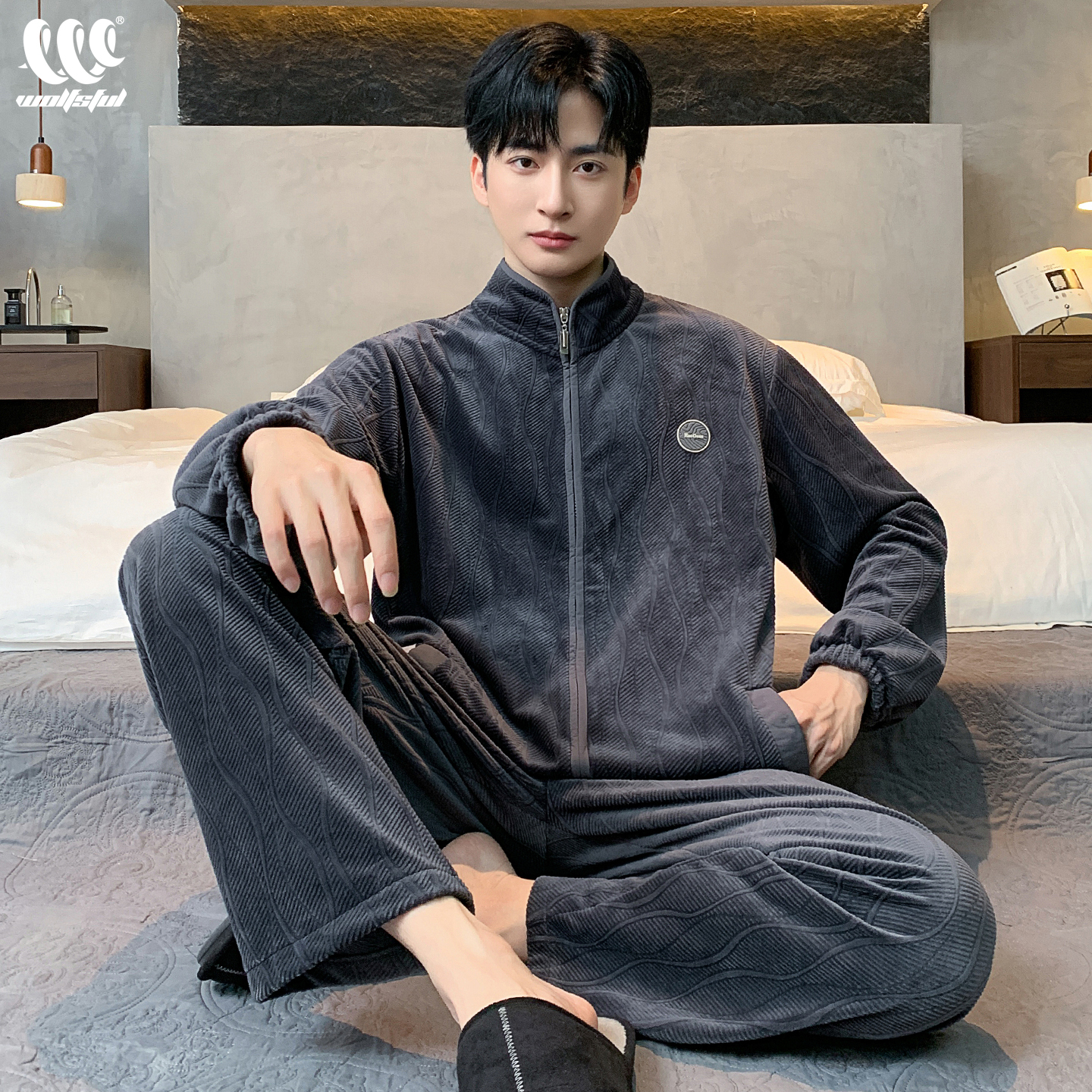 秋冬款海岛绒男士睡衣加绒长袖珊瑚绒立领保暖薄绒家居服春秋套装