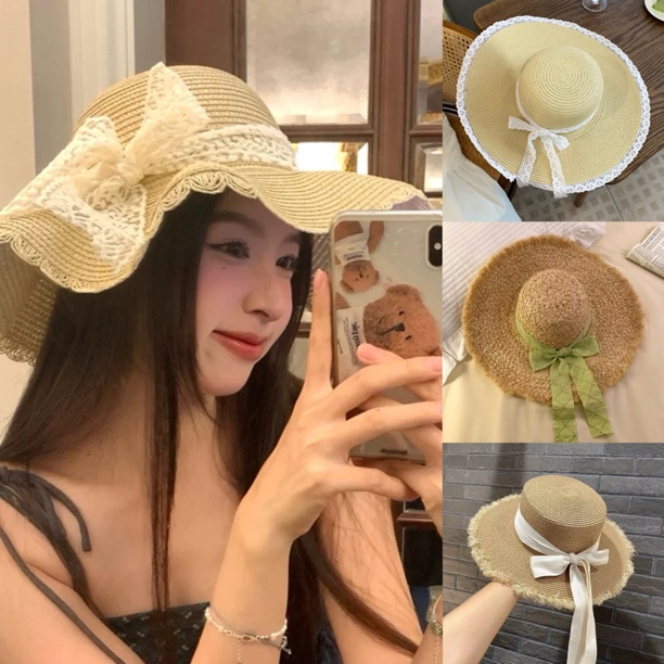 草帽海边帽子法式带草编帽女夏出游防晒沙滩太阳帽蕾丝边遮阳帽