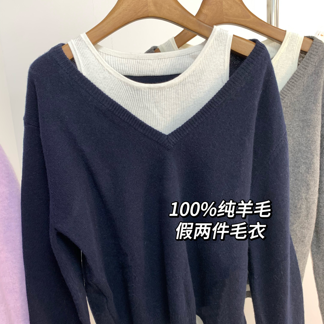 秋季新款撞色假两件宽松针织衫